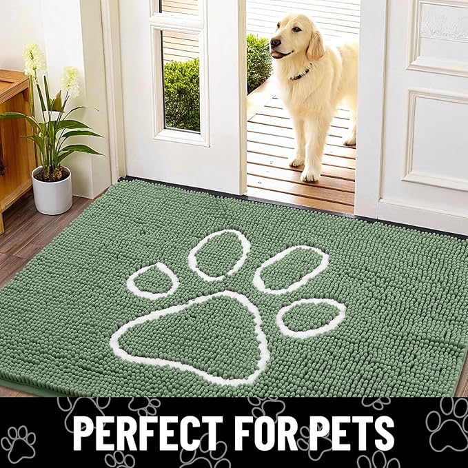 Smiry Dog Door Mat for Muddy Paws, Absorbent Dirt Trapper Non Slip Quick Dry Washable Chenille Mat for Mud Dogs, Entry Rug for Indoor and Outdoor (48x30 Inches, Olive Green and White)