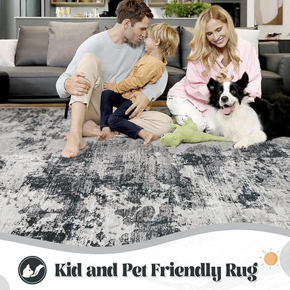 XLUEZ 9x12 Area Rug for Living Room, Washable Modern Abstract Large Area Rug Neutral Soft Non Slip Kids Rug Stain Resistant Indoor Carpet for Bedroom Dining Room Playroom Office(Black, 9'x12')