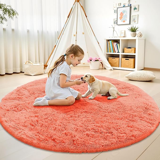 OLANLY Coral Red Round Rugs for Bedroom - Machine Washable, 8 ft Circle Area Rugs for Living Room, Soft and Fluffy Shaggy Carpet for Teen Girl and Boys, Nursery Rooms, Dorms, Home Decor Aesthetic