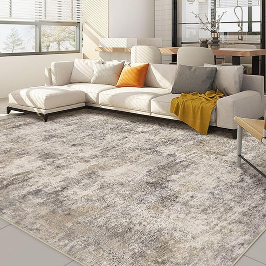 Nakagishi 10x12 Area Rugs Living Room: Washable Abstract Large Neutral Soft Rug Stain Resistant Modern Indoor Floor Non-Slip Carpet for Bedroom Nursery Playroom Office Dining Room Dorm- Brown Grey