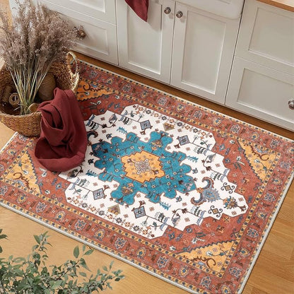 SERISSA Boho Rugs for Entryway, 2x3 Orange Entryway Rug Non-Slip Washable Small Area Rug, Ultra Soft Oriental Vintage Low-Pile Indoor Door Mat Floor Carpet for Entrance Bedroom Kitchen Bathroom