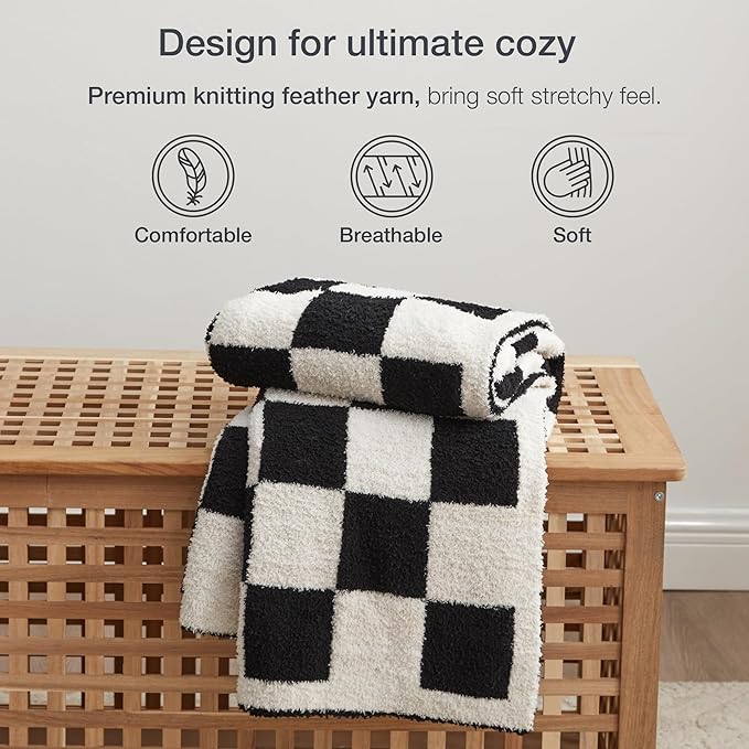 EXQ Home Checkered Throw Blanket, Knitted Blankets with Checkerboard Grid Pattern, Soft Cozy Fluffy Throw for Couch Bed Sofa, Warm Fuzzy Plaid Blanket for All Seasons,Black, 50"×60"