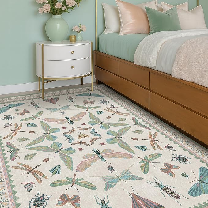 5x7 Pink and Green Nursery Rug - Colorful Rug for Playroom, Bedroom, Living Room, Insect Butterfly Floral Non-Slip Soft Carpet