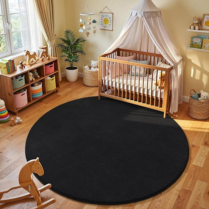 Amearea Black Round Area Rugs 4ft Washable Circle Rugs for Bedroom Living Room, Fluffy Indoor Thickened Memory Foam Rug, Non Slip Minimalist Circular Carpet for Kids Boys Girls Dorm Nursery Room Decor