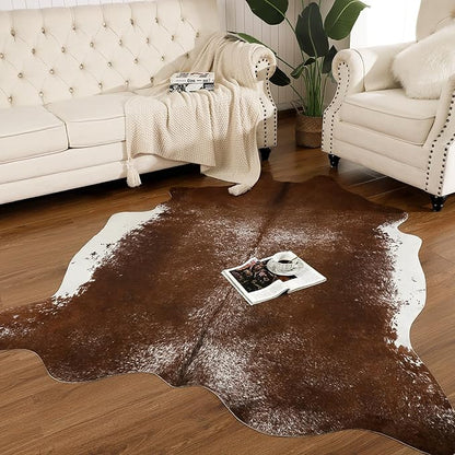 AROGAN 6×7.2 Feet Western Decor Faux Fur Cowhide Rug, Feet Premium Animal Skin Cow Hide Rug, Sturdy Cow Print Rugs for Wall Decor, Western Floor Carpet for Bedroom Living Room, Dark Brown