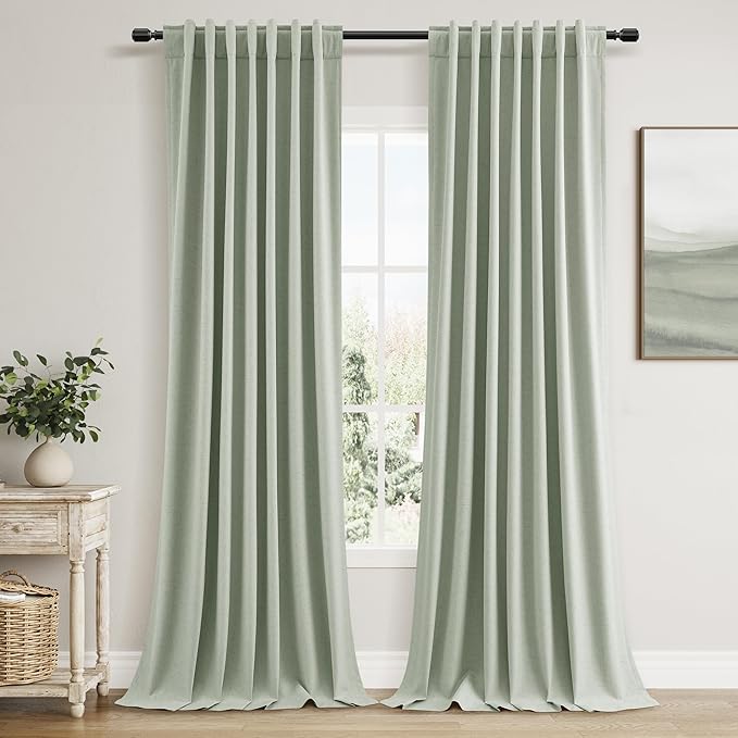 Guken Mist Sage 100% Blackout Linen Curtains 96 Inch Length 2 Panels Set for Living Room Bedroom Back Tab Thermal Insulated Black Out Drapes Room Darkening Farmhouse Style for Bedroom Window Curtains