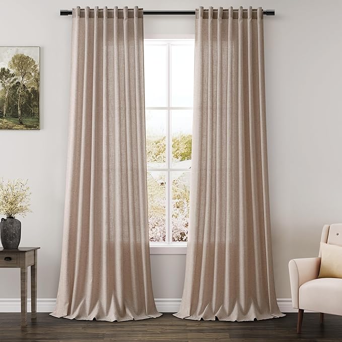 Extra Long Curtain 108 Inches Long 2 Panels Set Back Tab Oatmeal Linen Drapes for Living Room Neutral Farmhouse Light Filtering Semi Sheer Linen Curtains 108 Inch Length for Large Window 9 FT Tall