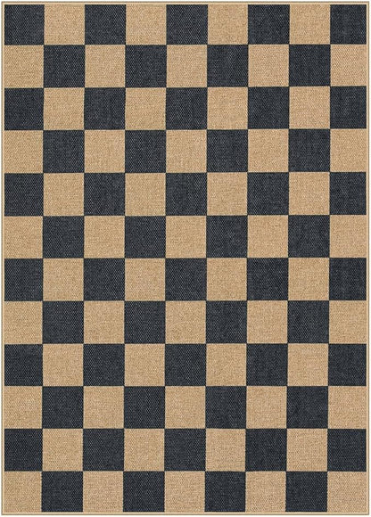 Lahome Checkered Easy Jute Area Rug, 5x7 Outdoor Patio Rug Washable Carpet for Living Room Checkerboard Indoor Outdoor Carpet, Farmhouse Geometric Non Slip Black Mat for Backyard Dining Room
