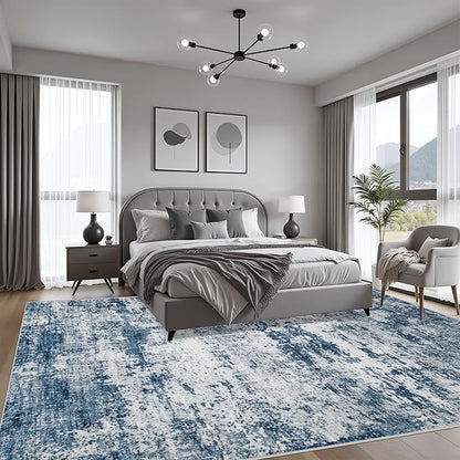 10x14 Area Rug Living Room Rug: Washable Modern Abstract Soft Thin Rug Indoor Floor No Slip Stain Resistant Carpet for Bedroom Dining Room Farmhouse Nursery Home Office - Blue