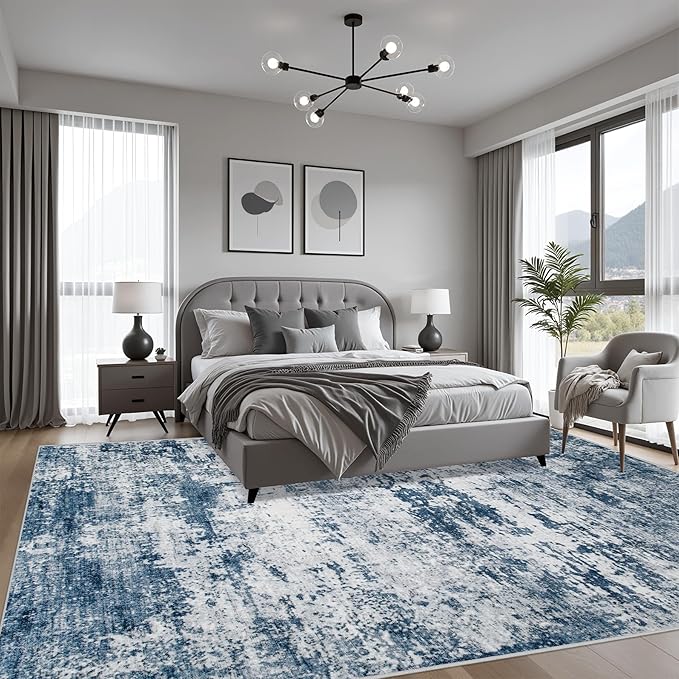 4x6 Area Rug Living Room Rug: Washable Modern Abstract Soft Thin Rug Indoor Floor No Slip Stain Resistant Carpet for Bedroom Dining Room Farmhouse Nursery Home Office - Blue