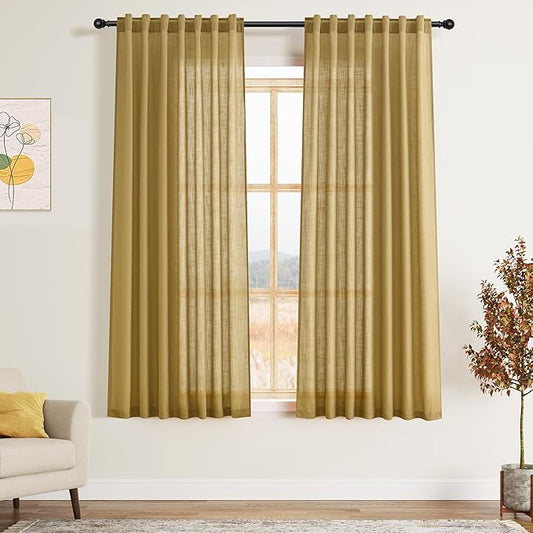 Gold Linen Curtains 63 Inches Long 2 Panel Sets for Living Room Bedroom Rod Pocket Back Tab Light Filtering Drape for Kitchen Window Short Protect Privacy Curtain Modern Farmhouse Decor 52x63