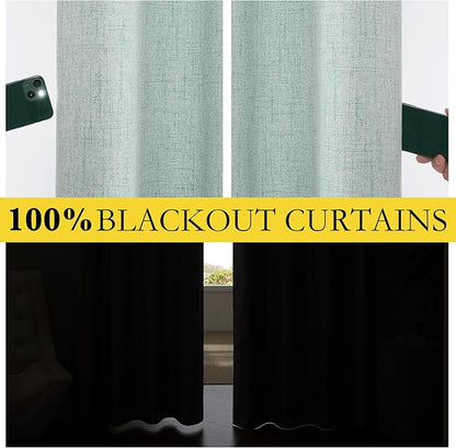 NICETOWN 100% Absolutely Blackout Linen Curtains with Thermal Insulated Grey Liner, Seafoam Green, 52 inches Wide, 48 inches Length Energy Saving Curtains for Laundry 2 Panels Set, Vertical Blinds