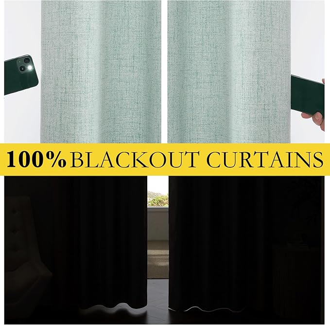 NICETOWN 100% Absolutely Blackout Linen Curtains with Thermal Insulated Liner, Seafoam Green, 62" Wide, 63" Length Energy Saving Curtains for Kitchen 2 Panels Set, Vertical Blinds
