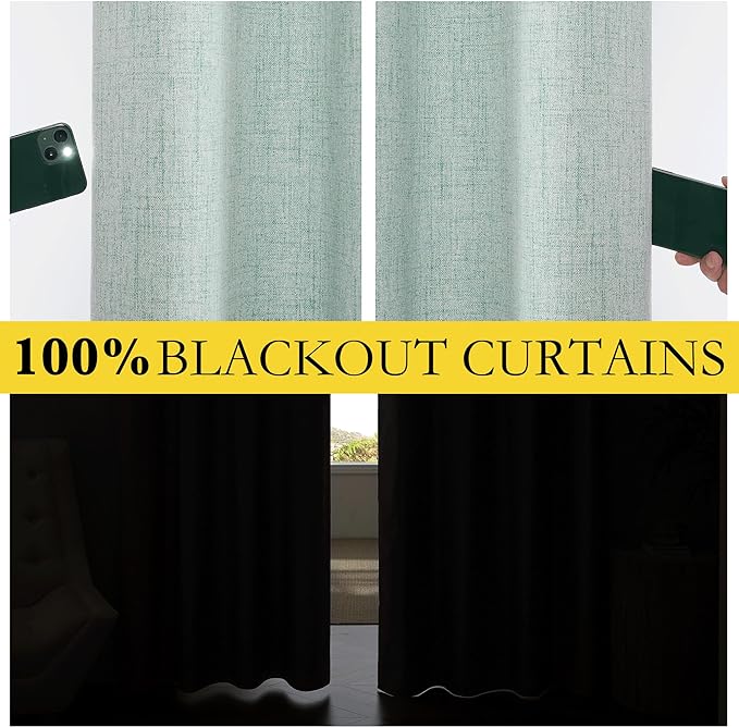NICETOWN 100% Absolutely Blackout Linen Curtains with Thermal Insulated White Liner, Seafoam Green, 52" Wide, 72" Length Energy Saving Curtains for Living Room 2 Panels Set, Vertical Blinds