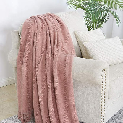 BOURINA Coral Pink Throw Blanket 60 x80 Inches Textured Solid Soft Sofa Throw Bed Runner Knitted Decorative Blanket