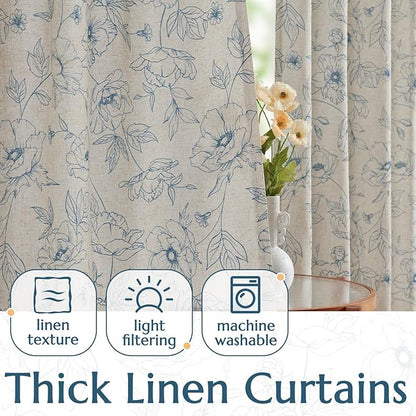 jinchan Floral Linen Curtains for Living Room 96 Inch Length Blue Flower Curtain Rod Pocket Back Tab Farmhouse Curtains with Printed Floral Bedroom Window Curtain Set, 2 Panels Blue