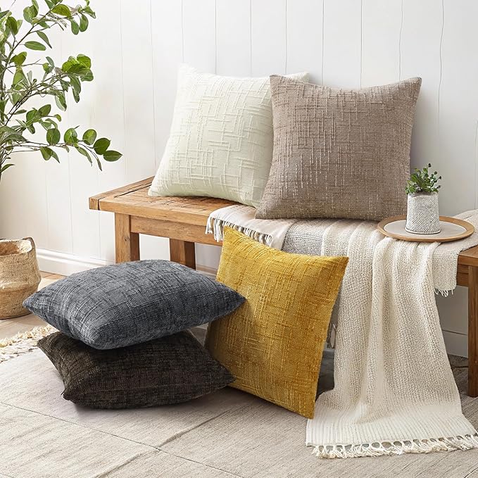 decorUhome Oatmeal Chenille Throw Pillow Covers 16x16 Set of 2 Textured Soft Cozy Slubby Couch Pillow Covers Modern Farmhouse Boho Decorative Pillow Cases for Bed Sofa Living Room