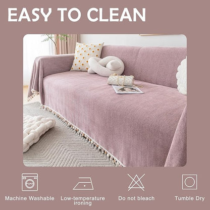 HANDONTIME Soild Couch Covers for Dogs Pink-Purple Sofa Covers Boho Cover for Sofa 3 Seats Chenille Sofa Throw Cover Mauve Sofa Covers for 3 Cushion Couch Tassel, Washable, Pet Friendly, 91" X118"