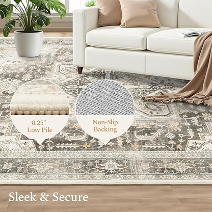 Rugflix 5x7 Area Rugs for Living Room, Machine Washable Rug Non Slip Stain Resistance, Large Rug Vintage Distressed Soft Carpet for Bedroom, Dining Room, Home Office, Beige Grey