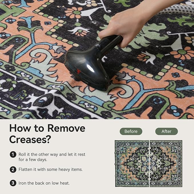 Lofus 8x10 Area Rugs, Large Area Rug for Living Room, Floral Washable Area Rug for Bedroom, Office, Dining Room, Non-Slip Vintage Boho Rug, Low-Pile Soft Carpet, Traditional Oriental Style, Dark Green