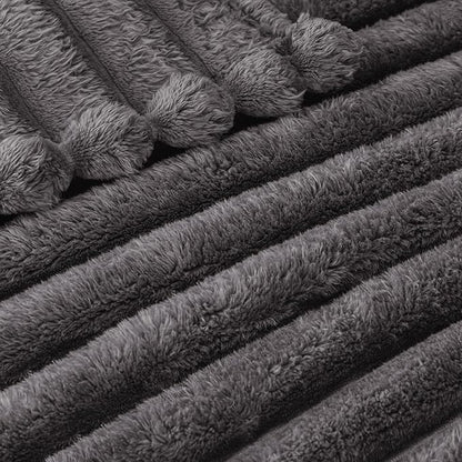 Exclusivo Mezcla Queen Size Flannel Fleece Blanket, Super Soft Striped Jacquard Bed Blanket, Lightweight Fuzzy Cozy for All Seasons, 90x90 Inches, Dark Grey