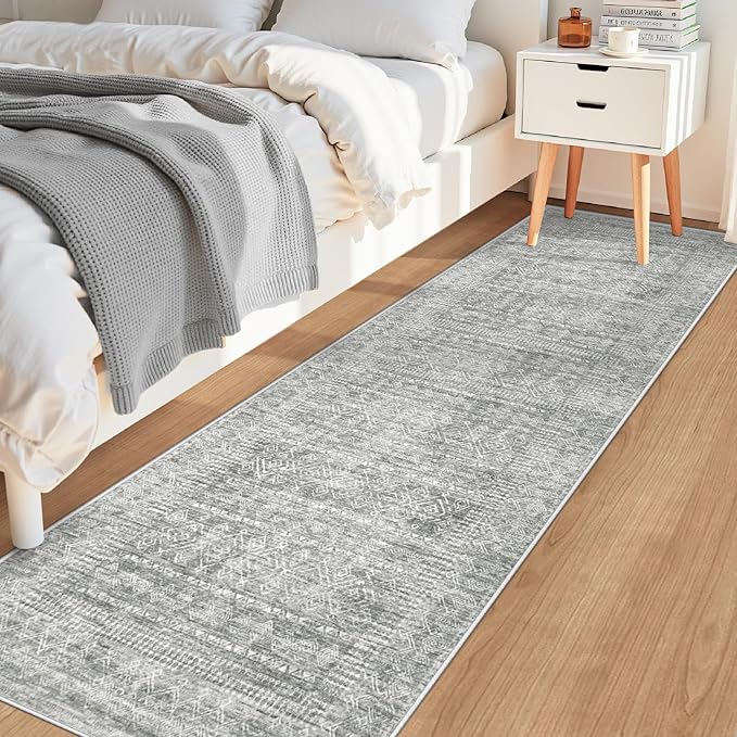 2x8 Washable Runner Rug: Moroccan Geometric Boho Rug Farmhouse Non Slip Stain Resistant Rugs Low Pile Soft Carpet for Porch Kitchen Laundry Room Living Room Bedroom (Grey,2'x8')