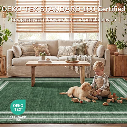 OPPODREAM Border Soft Area Rugs 8x10, Washable Green Rug with Non Slip Backing, 8 x 10 Faux Cashmere Low-Pile 8x10 Carpet