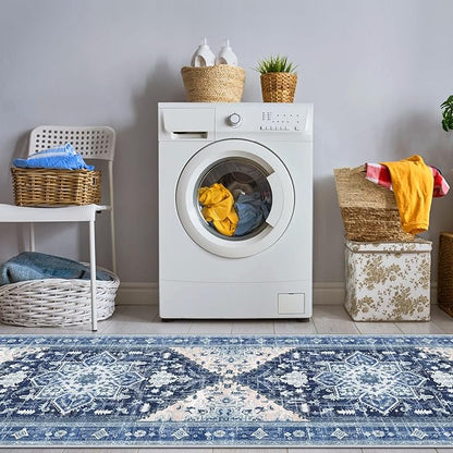 Yamaziot Washable Runner Rug, 2x6 Non-Slip Boho Vintage Hallway Rug Runner with Rubber Backing, Stain Resistant & Low Pile Faux Wool Distressed Carpet Runner for Kitchen, Laundry, Entrance, Blue