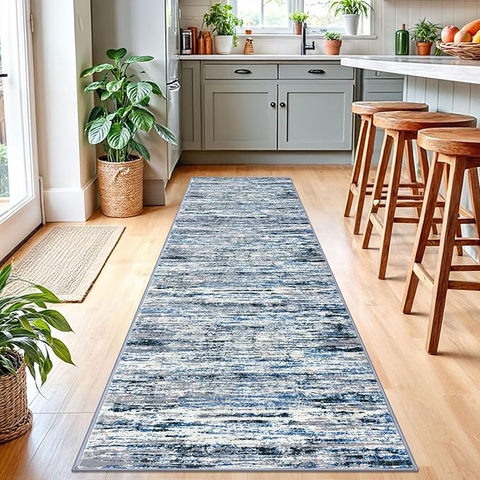 Lansny Modern Abstract Runner Rug 2.6x10, Grey Blue White Washable Long Kitchen Runner Non-Slip Soft Hallway Rug Runner Thin Print Faux Wool Carpet for Entryway Bedroom Laundry Room Indoor Home Decor