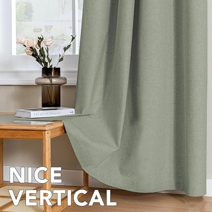 H.VERSAILTEX Linen Curtains 100% Blackout Curtains for Bedroom 63 inch Long Full Light Blocking Nature Linen Blended Window Curtains for Living Room Nickel Grommet (2 Panels, Heathered Dried Sage)