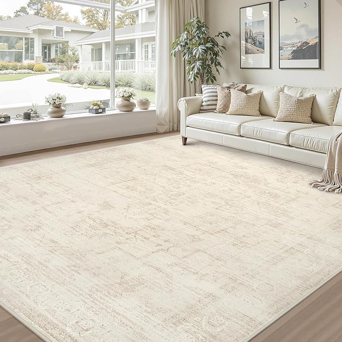 Area Rugs 9x12 Living Room: Vintage Boho Neutral Washable Rug Indoor Soft Large Area Rug Carpet for Bedroom Nursery Farmhouse Dining Room Office Floor Non-Slip Low Pile Under Table Rug Dark Beige