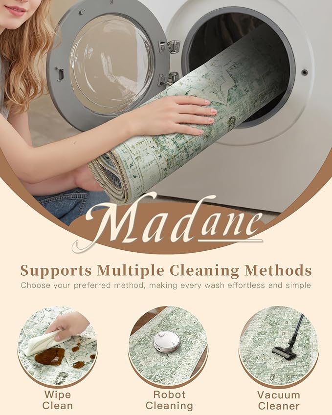 Madane Washable Runner Rug - 2x6 Rug Runners for Hallways 6 Foot Non Slip Vintage Kitchen Runner Rug Ultra-Thin Bathroom Runner Rugs Carpet Laundry Room Bedroom (2x6ft, Green/Ivory)