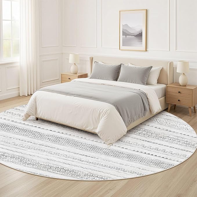 Nakagishi Round Rug Boho Area Rugs: 8x8 Washable Large Circle Neutral Soft Stain Resistant Non-Slip Carpet for Women Aged 25-45 Farmhouse Decor Enthusiasts - Living Room Bedroom Dining Room Nursery