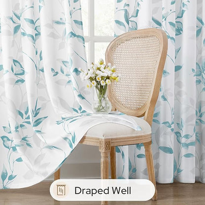 HOMEIDEAS Non-See-Through Teal and White Privacy Sheer Curtains 52 X 96 Inch Length 2 Panels, Leaf Floral Printed Light Filtering Semi Sheer Window Curtains Drapes for Bedroom Living Room