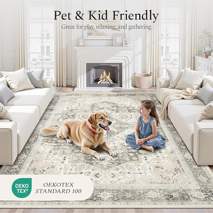 Rugflix 5x7 Area Rugs for Living Room, Machine Washable Rug Non Slip Stain Resistance, Large Rug Vintage Distressed Soft Carpet for Bedroom, Dining Room, Home Office, Beige Grey