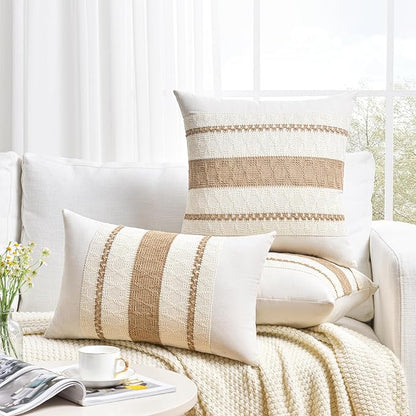 Fancy Homi Set of 1 Boho Neutral Lumbar Decorative Throw Pillow Cover 12x20 Inch for Couch Bed Sofa Chair, Modern Organic Farmhouse Home Decor, Soft Cotton Cute Accent Tan Rectangle Cushion Case