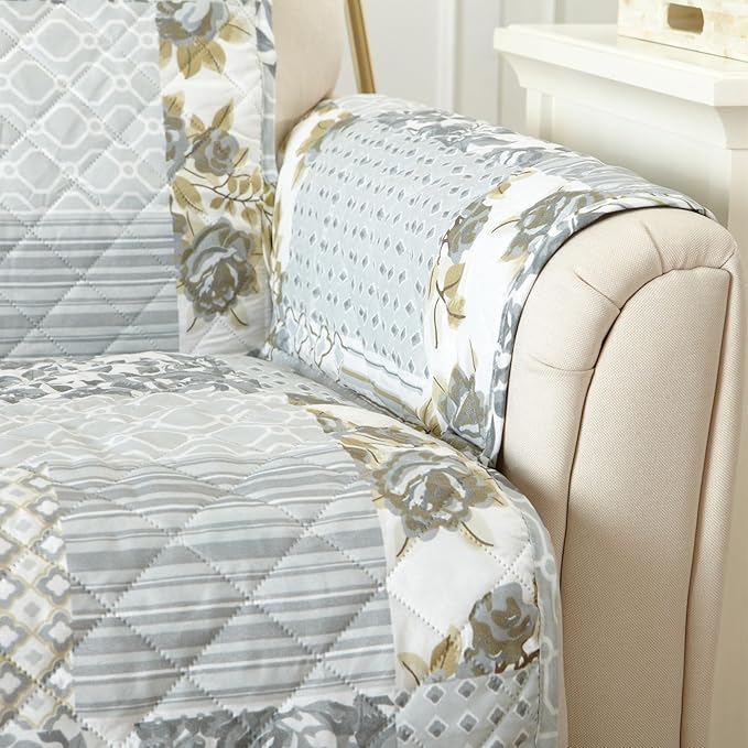 Great Bay Home Reversible Patchwork Loveseat Cover - Washable Slipcover Furniture Protector with Elastic Straps - Perfect for Kids & Pets - Box-Stitched Detail (Grey)
