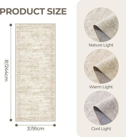 3x8 Runner Rug Non Slip Washable for Entryway, Vintage Hallway Runner for Front Porch, Laundry Room, Bedroom, Abstract Stain Resistant Thin Indoor Kitchen Mats for Floor(3'x8', Beige/Ivory)