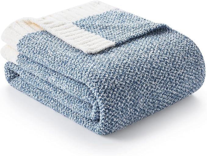 Snuggle Sac Blue Bedding Blanket Twin Size for Bed and Sofa, Reversible Super Soft Blankets Warm Cozy Knit Blankets Fuzzy Plush for Couch, Living Room, Blue, 60x80 inches