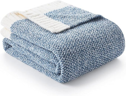 Snuggle Sac Blue Bedding Blanket Twin Size for Bed and Sofa, Reversible Super Soft Blankets Warm Cozy Knit Blankets Fuzzy Plush for Couch, Living Room, Blue, 60x80 inches
