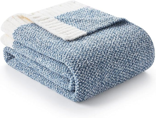 Snuggle Sac Blue Bedding Blanket Twin Size for Bed and Sofa, Reversible Super Soft Blankets Warm Cozy Knit Blankets Fuzzy Plush for Couch, Living Room, Blue, 60x80 inches