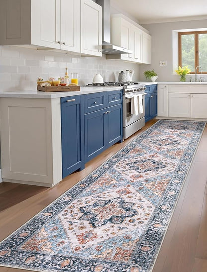SERISSA Runner Rug for Hallways, 2'6"x12' Washable Non Slip Kitchen Runner Rug, Extra Long Boho Rug Ultra Soft Vintage Blue Orange Floor Carpet for Bedroom Hallway Entryway Bathroom Laundry Room