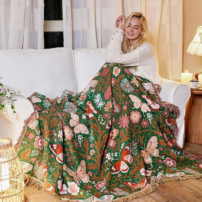MSGKV Boho Throw Blanket for Couch 50"x60" Butterfly Floral 100% Cotton Blanket Spring Breathable Lightweight Farmhouse Blankets for Sofa Home Decor Muslin All Seasons