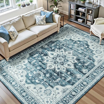 Lofus 8x10 Washable Area Rug, Vintage Floral Rugs for Living Room, Bedroom, Dinning Room, Low Pile Large Area Rugs with Non-Slip Backing, Sunflower Print Pattern, Neutral Blue