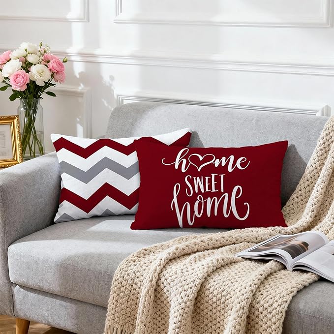 Hexagram Geometric Burgundy Pillow Covers 12x20 Set of 4, Decorative Outdoor Boho Modern Throw Pillow Covers, Home Sweet Home Farmhouse Cushion Case for Couch Sofa Bedroom Indoor Decor(No Insert)