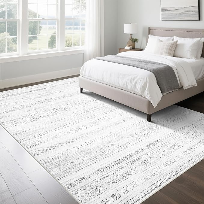 Moroccan Washable Rugs 8x10 Area Rugs for Living Room,Bedroom,Dining Room- Large Ultra Soft Faux Wool Retro Carpet,Non Slip&Non-Shedding Low Pile Vintage Print Rug for Home Office-(Gray-White)