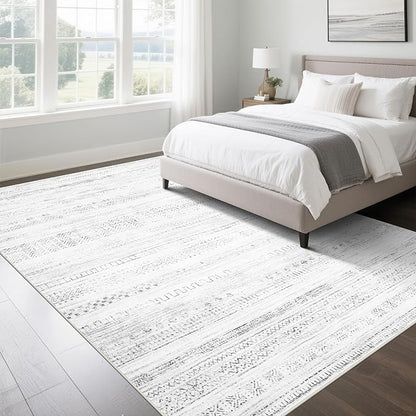 Moroccan Washable Rugs 8x10 Area Rugs for Living Room,Bedroom,Dining Room- Large Ultra Soft Faux Wool Retro Carpet,Non Slip&Non-Shedding Low Pile Vintage Print Rug for Home Office-(Gray-White)