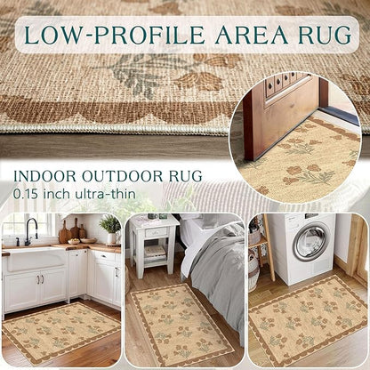 Front Door Mat Outside Entrance - 2x3 Floral Non-Slip Washable Doormat Indoor Outdoor Mat Jute-Look Farmhouse Tan Scalloped Entry Rug Small Throw Rugs for Entryway Kitchen Front Porch Decor