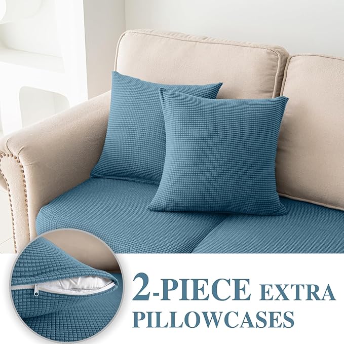 Couch Cushion Covers for Sectional Sofa L Shape Washable Separate Seat Chaise Couch Cover Stretch Sofa Slipcovers with 2 Pcs Pillowcases(2 Seater + 1 Chaise, Blue)