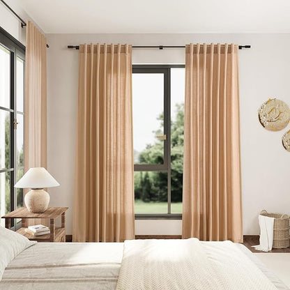 Nanspring Camel Linen Curtains 80 Inches Long for Bedroom Back Tab Light Filtering Privacy Semi Sheer Curtain Modern Farmhouse Decor Camel Linen Elegant Drapes for Living Room 2 Panels Set 52x80